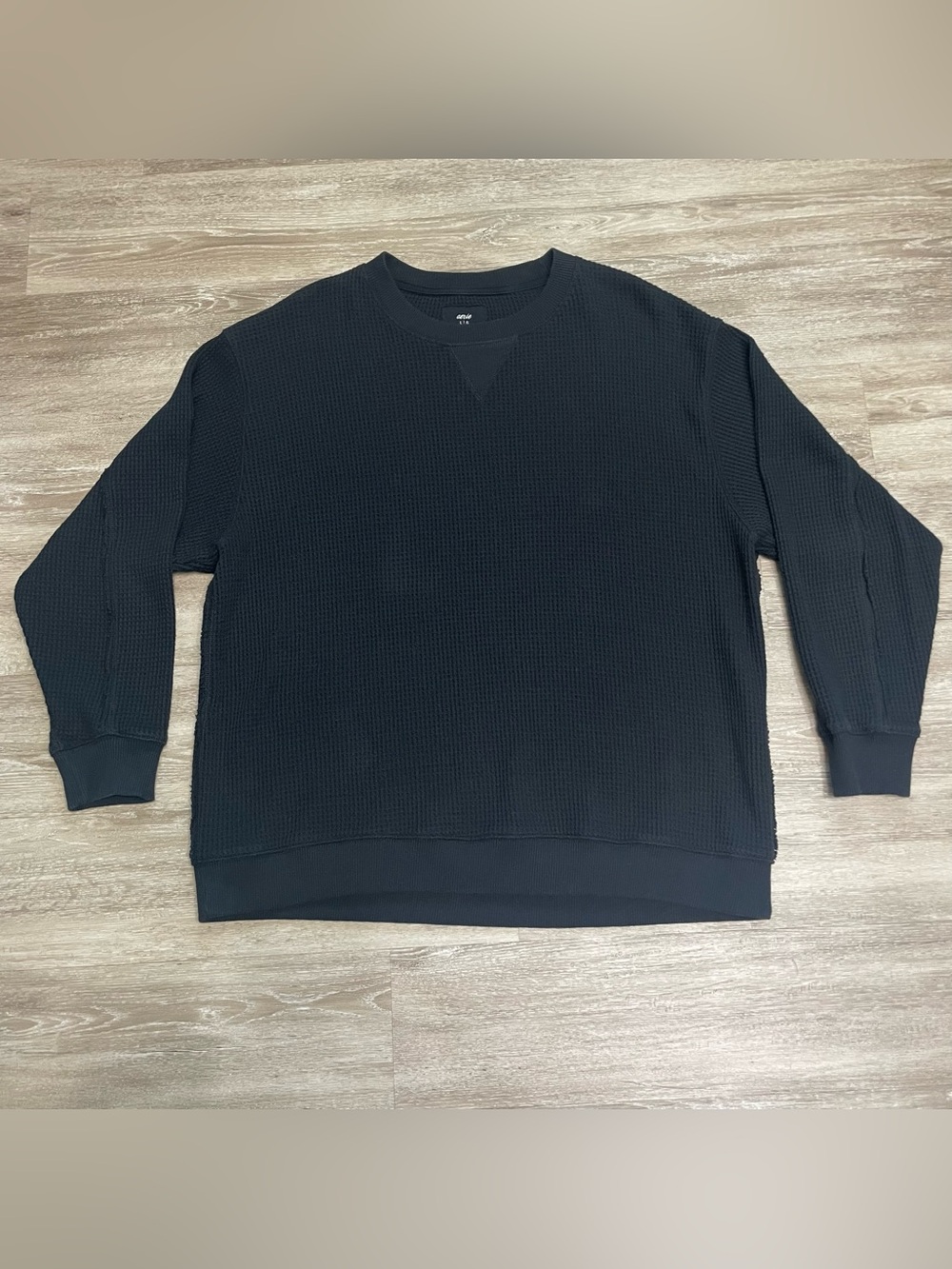 AERIE Thermal Waffle Knit Top Oversized Crewneck Pullover Sweatshirt Black Sz L